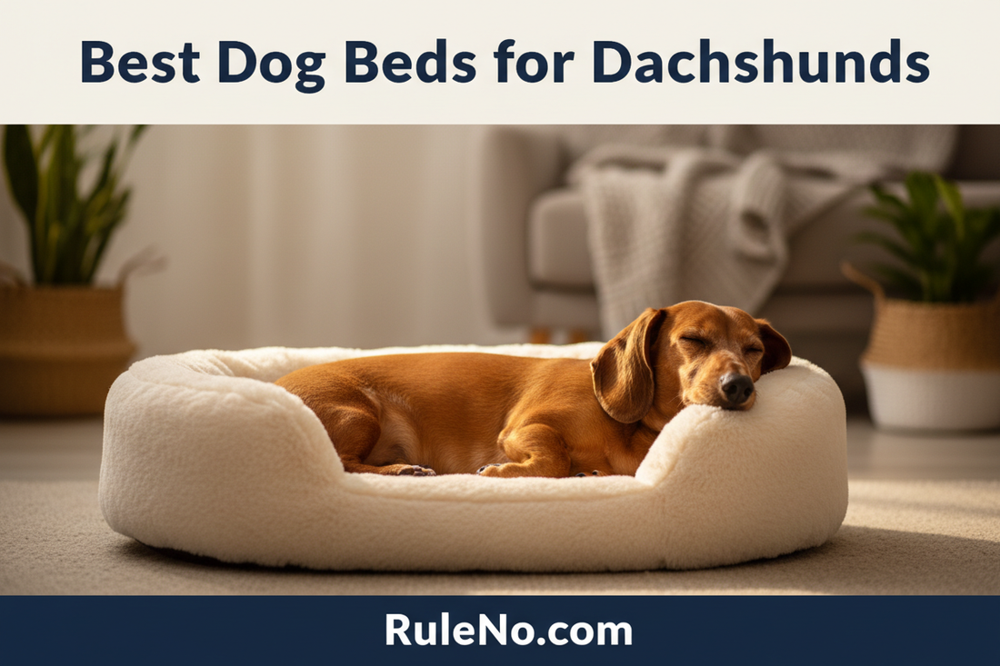 Dachshund stretched out in a long warm plush pet bed with low supportive walls, with the title Best Dog Beds for Dachshunds at the top and RuleNo.com at the bottom