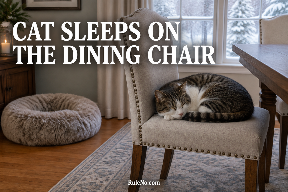 Cat asleep on a dining chair beside a separate round faux fur pet bed