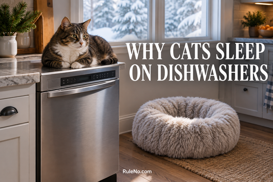Cat on a dishwasher beside a round faux fur pet bed in a winter kitchen, with RuleNo.com branding