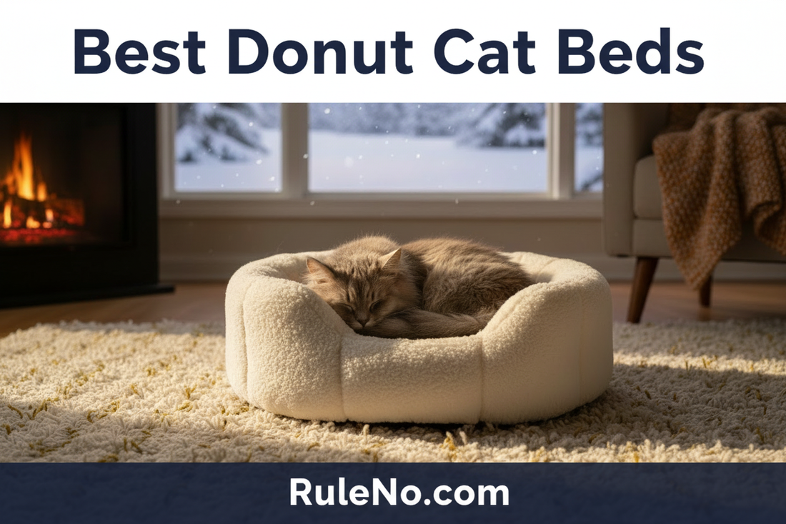 A fluffy gray cat curled in a plush round donut pet bed with a tall raised rim by a snowy window, with the title Best Donut Cat Beds and RuleNo.com branding