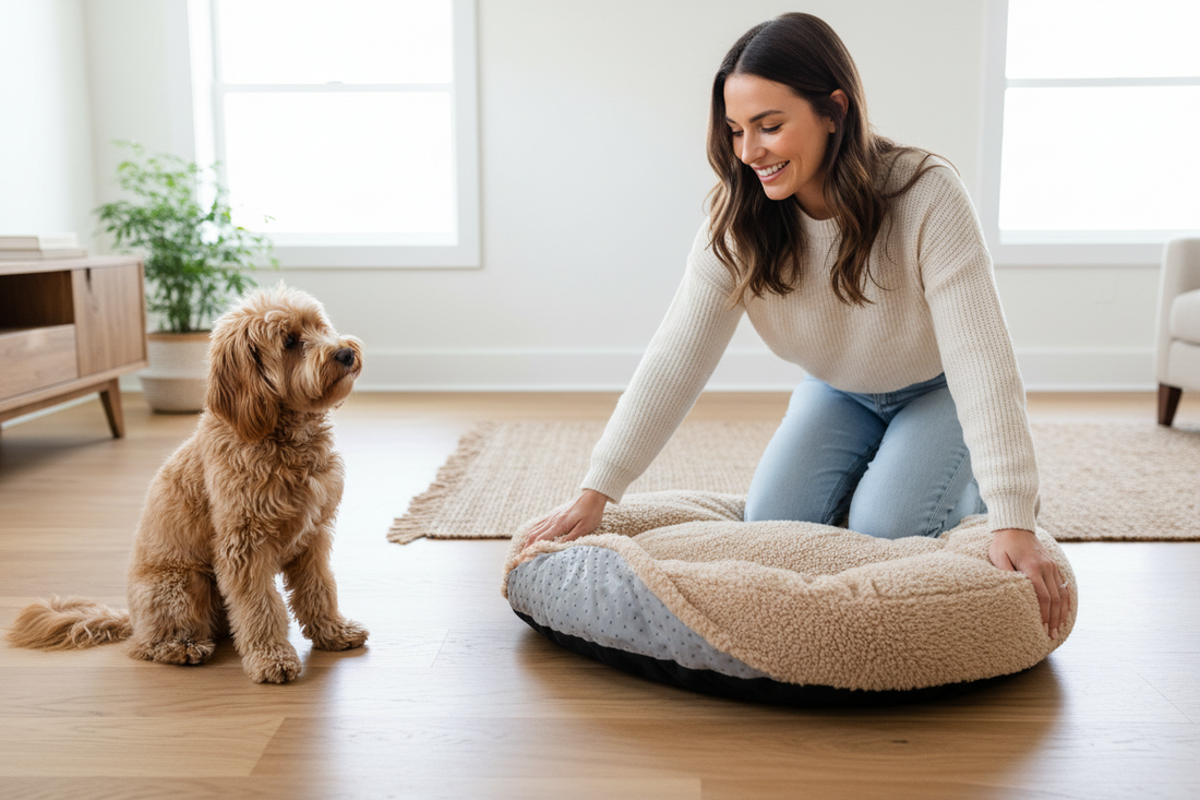 Non-slip dog bed setup being tested for a stable winter sleeping surface