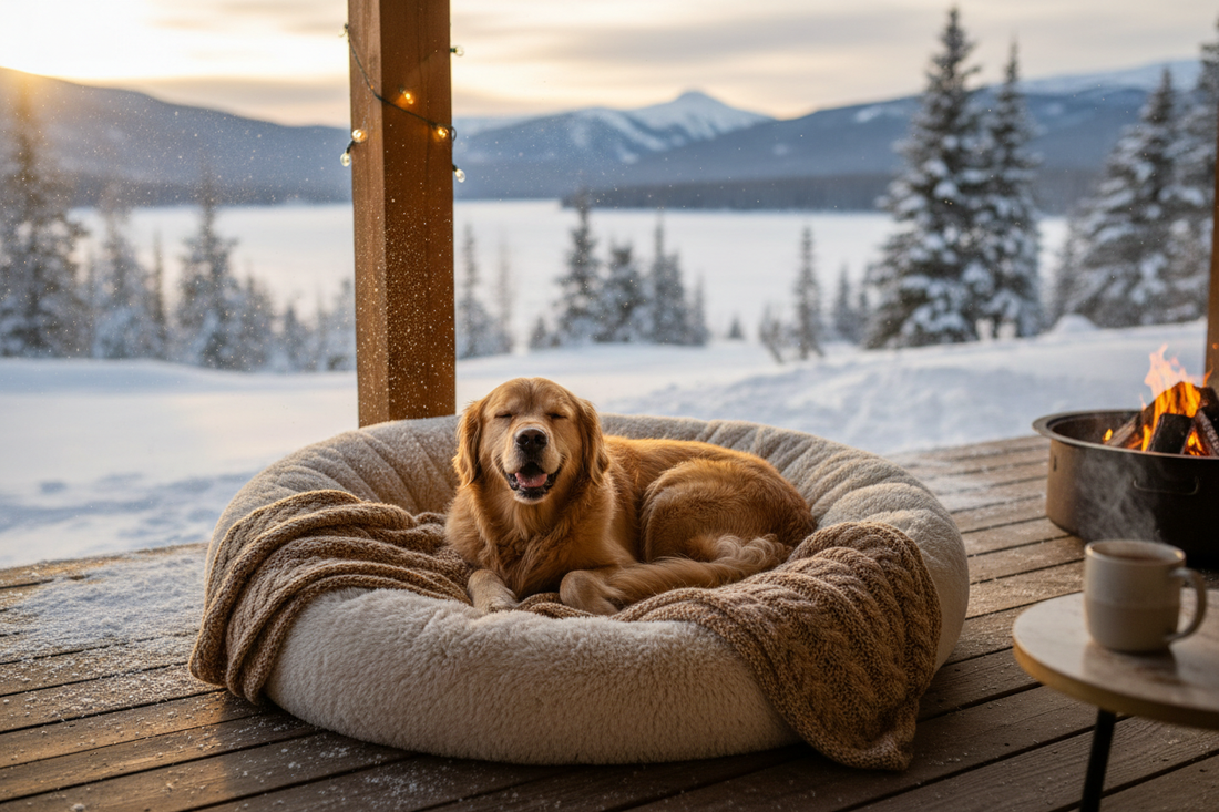 Dog resting on a warm winter mat in a protected crate-style shelter