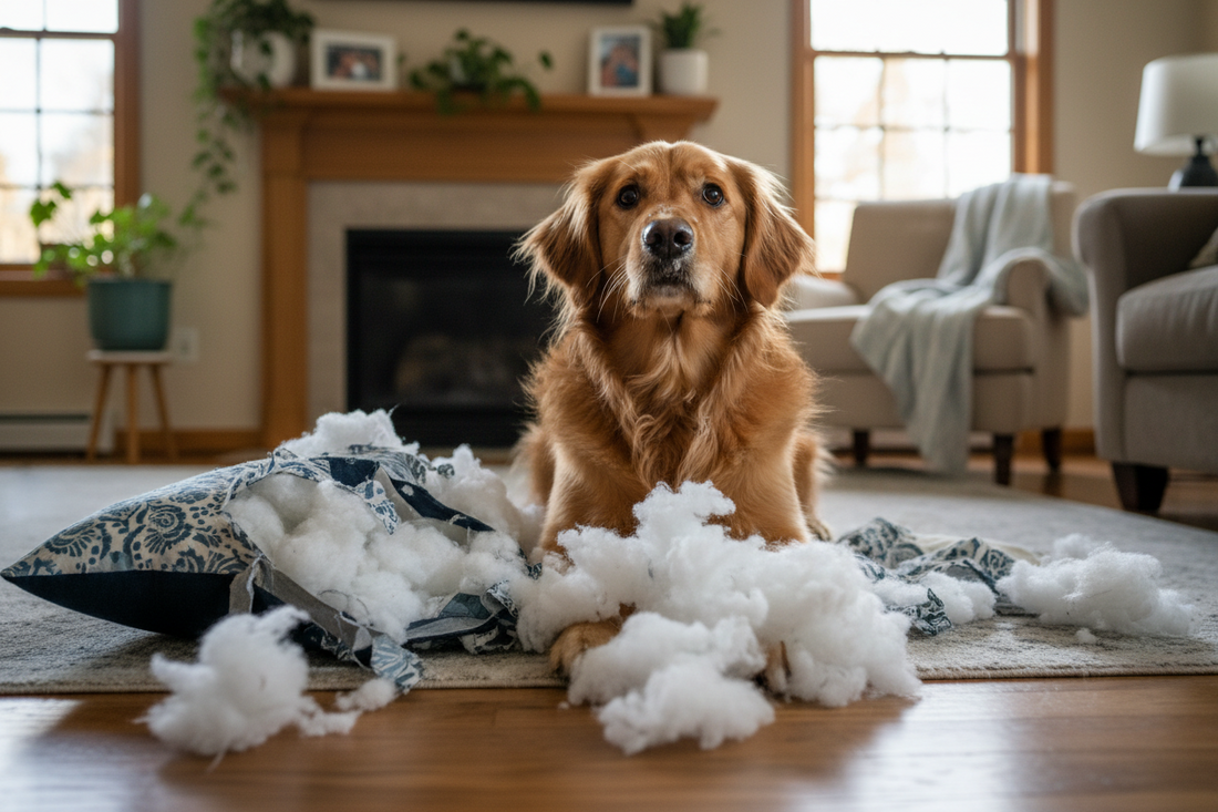 Dog with a destructive chewing problem beside a damaged bed