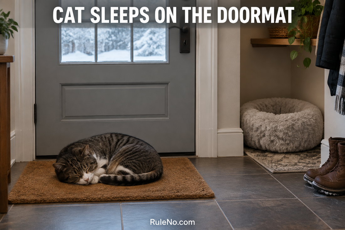 Cat asleep on an indoor doormat beside a separate round faux fur bed with RuleNo.com branding