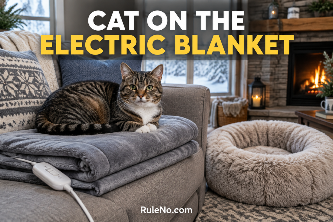 Cat on a folded electric blanket near a separate round faux fur pet bed, with RuleNo.com branding
