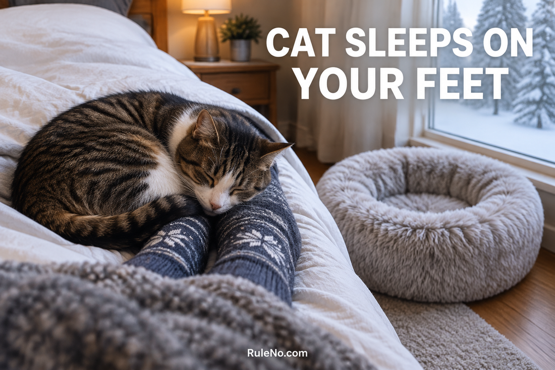 Cat curled on a person's feet at the foot of the bed with a round faux fur pet bed nearby