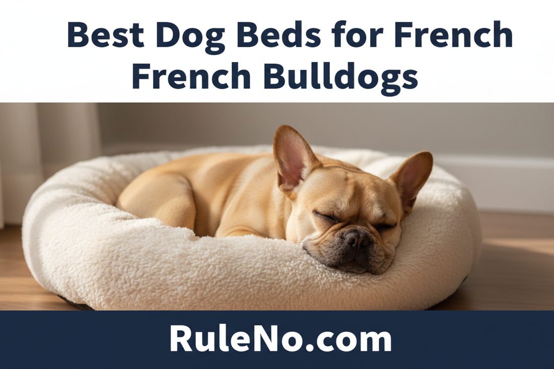 French bulldog sleeping on its side in a soft warm plush round pet bed, with the title Best Dog Beds for French Bulldogs at the top and RuleNo.com at the bottom