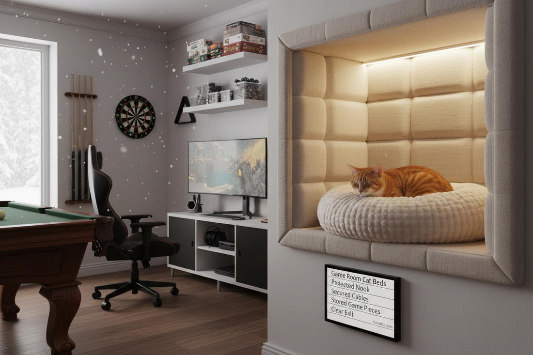 Game Room Cat Beds with Protected Nook, Secured Cables, Stored Game Pieces, Clear Exit and RuleNo.com