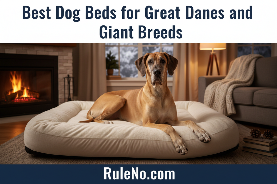 Great Dane stretched out on an extra-large thick plush orthopedic bed, with the title Best Dog Beds for Great Danes and Giant Breeds at the top and RuleNo.com at the bottom