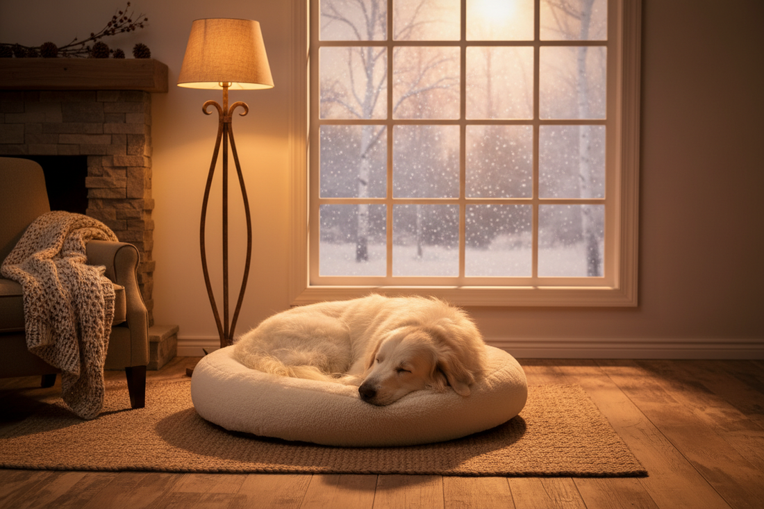 A large Great Pyrenees with a thick white coat curled up asleep on a plush round dog bed beside a frosted winter window