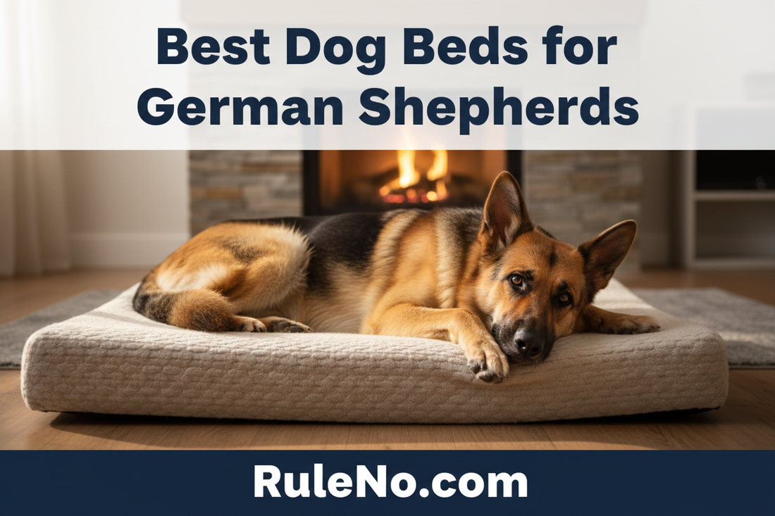 German shepherd lying relaxed on its side on a large firm orthopedic pet bed, with the title Best Dog Beds for German Shepherds at the top and RuleNo.com at the bottom