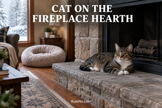 Cat resting on an unlit fireplace hearth with a separate round faux fur bed nearby and RuleNo.com branding