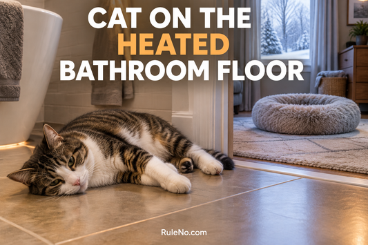 Cat on a heated bathroom floor with a separate round faux fur pet bed in a dry adjacent area