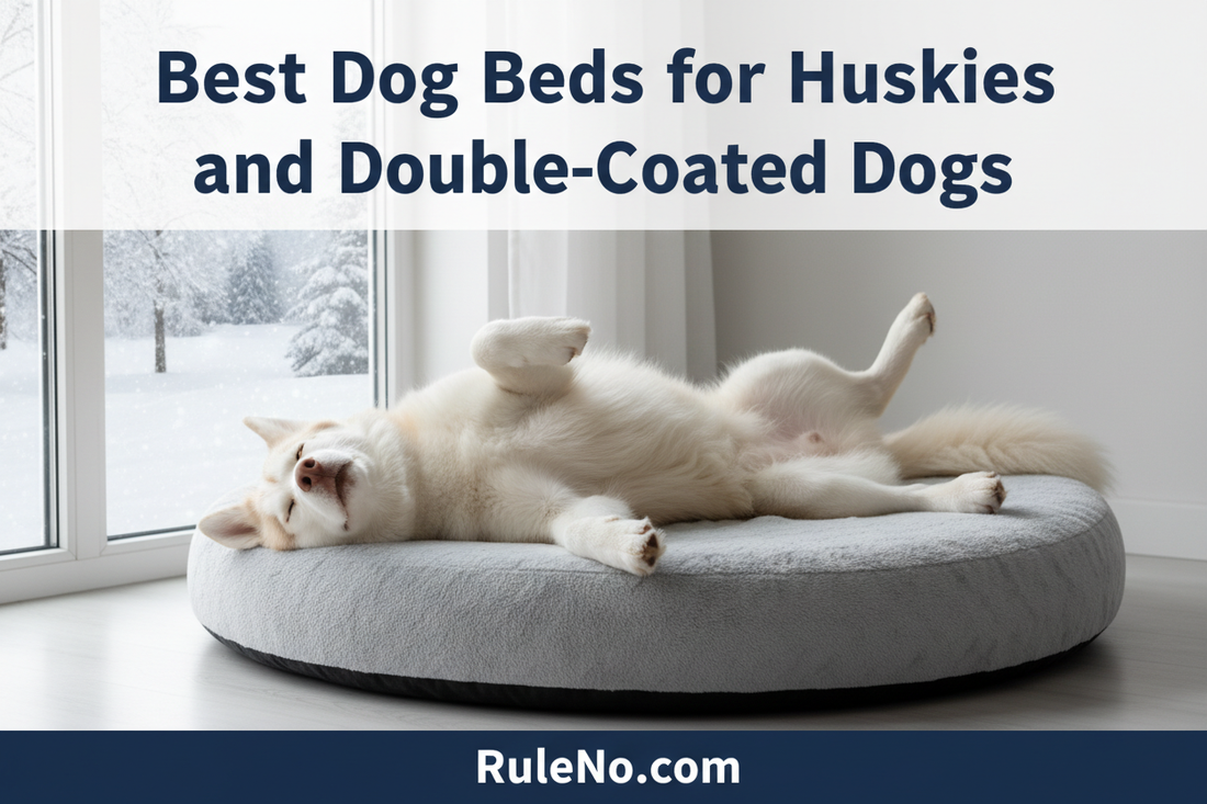Fluffy husky lying relaxed on a breathable plush pet bed near a bright winter window, with the title Best Dog Beds for Huskies and Double-Coated Dogs at the top and RuleNo.com at the bottom