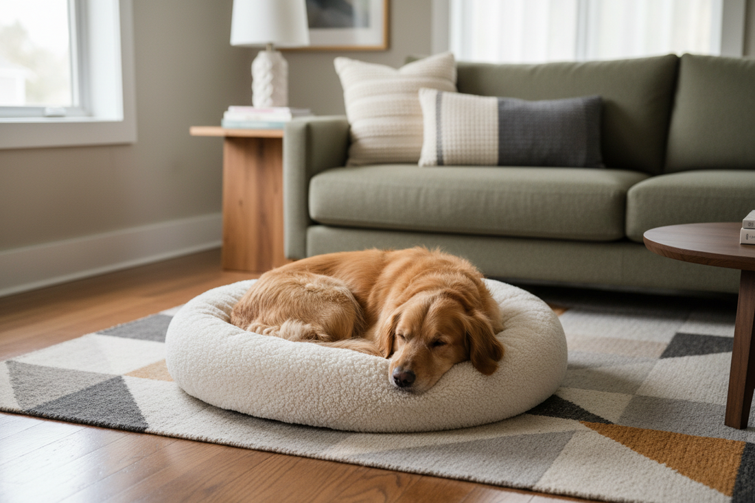 Large dog resting comfortably on a spacious winter dog bed