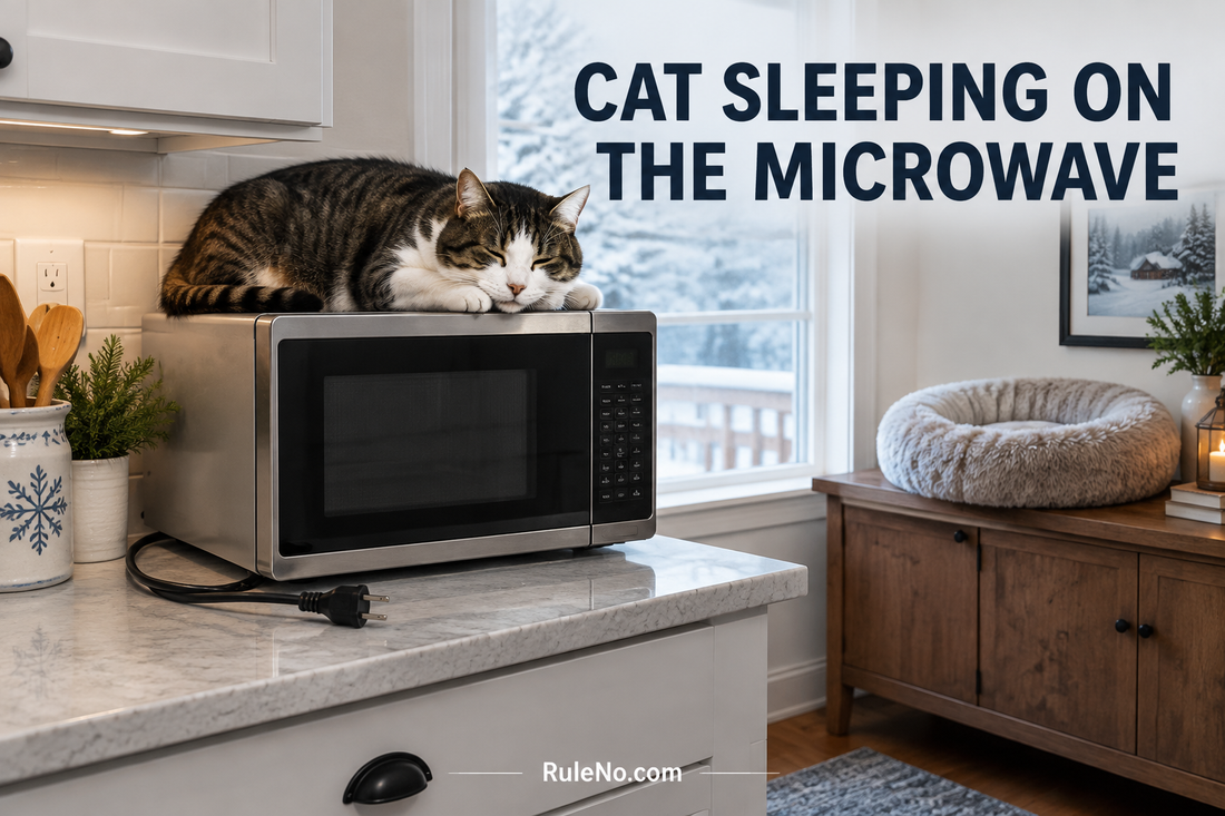 Cat resting on a microwave near a separate round faux fur pet bed in a winter kitchen