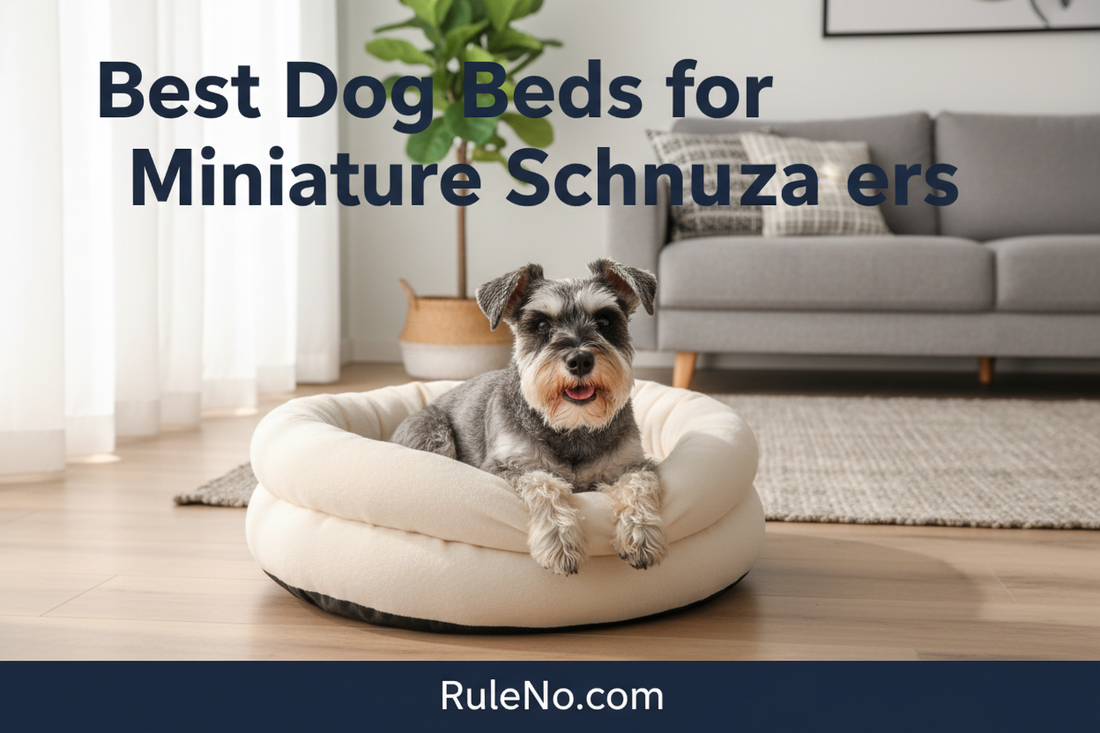 A happy Miniature Schnauzer with a salt-and-pepper wiry coat, beard, and eyebrows curled up in a plush cream round donut pet bed in a cozy winter living room, with the article title Best Dog Beds for Miniature Schnauzers and a RuleNo.com banner