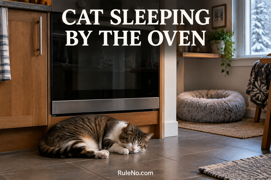 Cat resting in front of an oven with a round faux fur pet bed in a separate kitchen nook