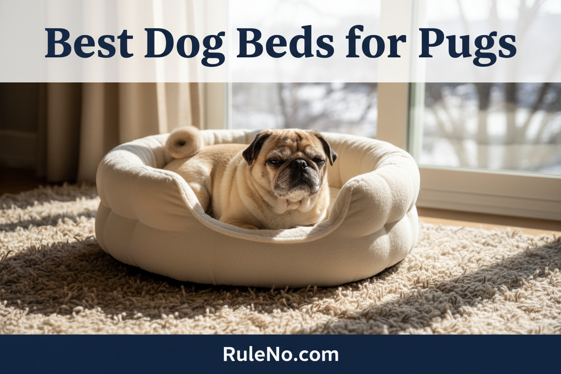 A fawn Pug sitting in a plush round donut dog bed, with the title Best Dog Beds for Pugs at the top and RuleNo.com at the bottom