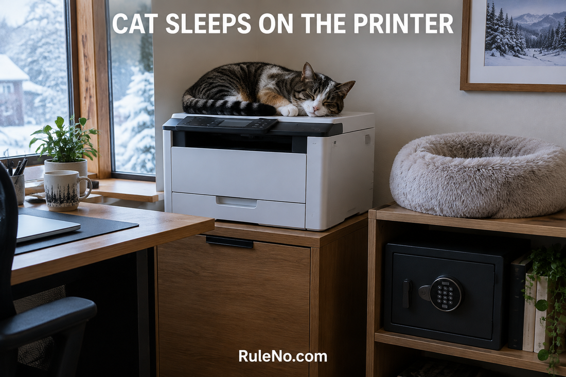Cat asleep on an idle home printer beside a separate round faux fur bed and RuleNo.com branding