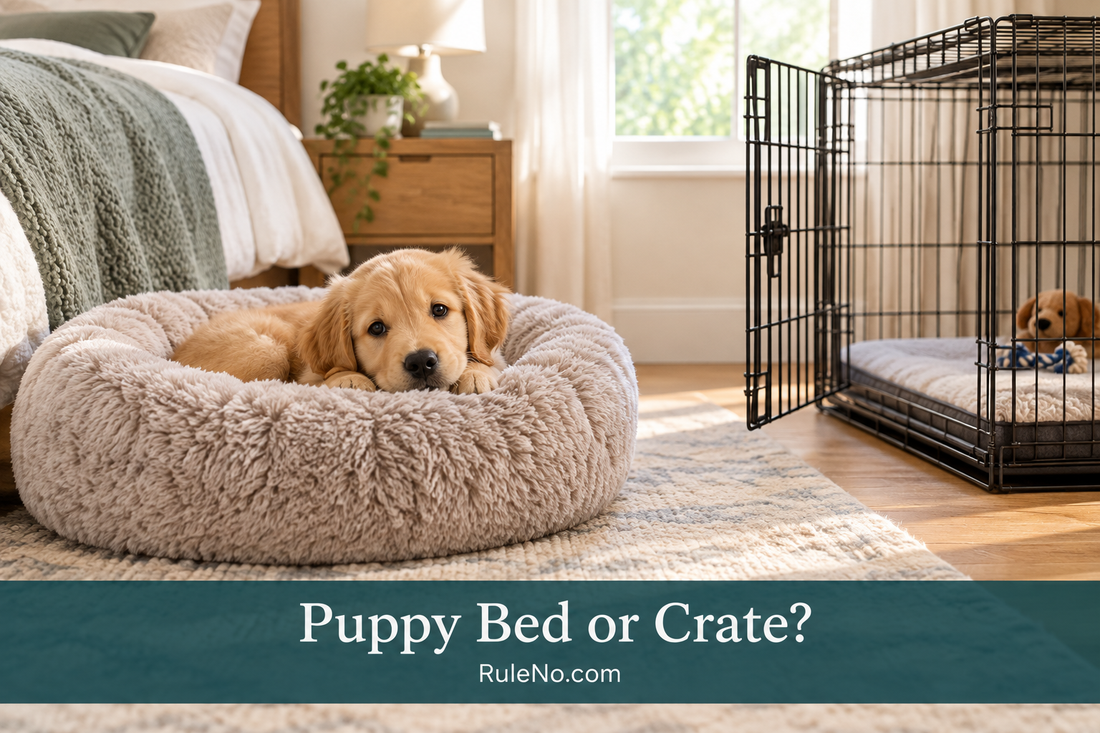 Golden puppy resting in a round faux-fur bed beside an open crate, with Puppy Bed or Crate? and RuleNo.com on the banner.