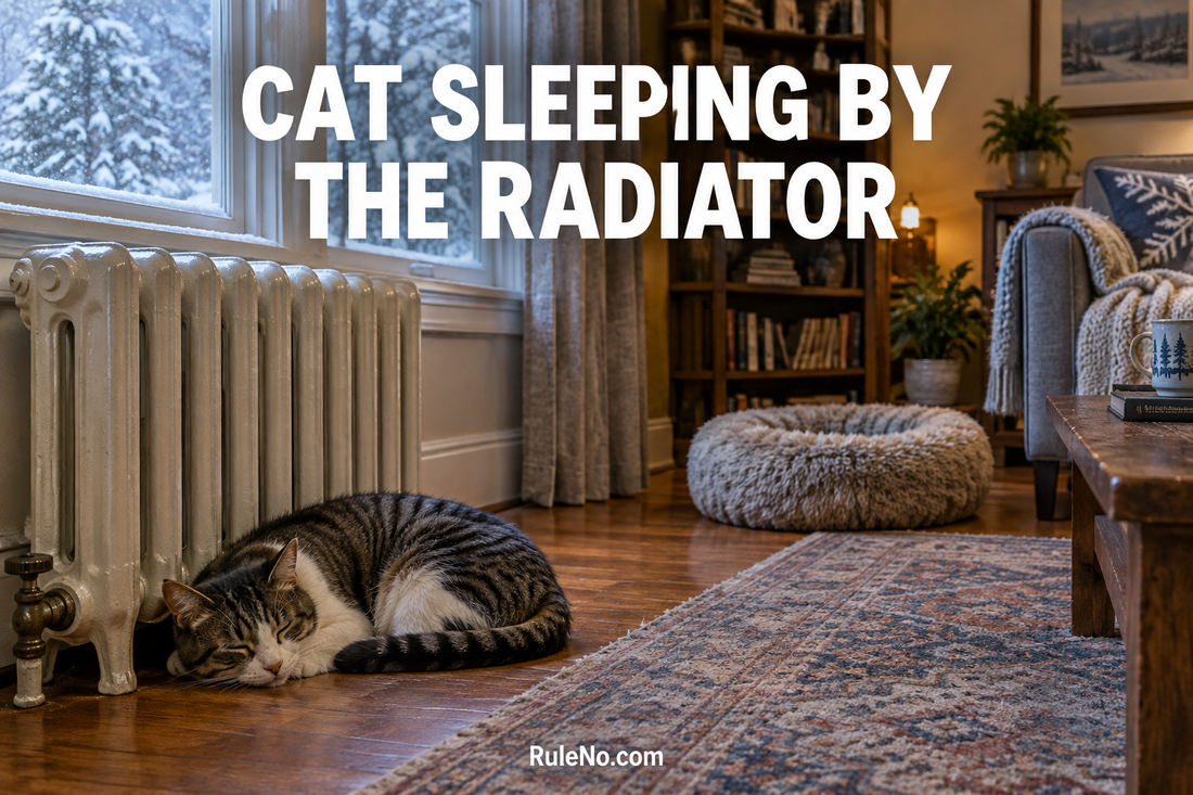 Cat sleeping near a radiator with a separate round faux fur bed in a winter room