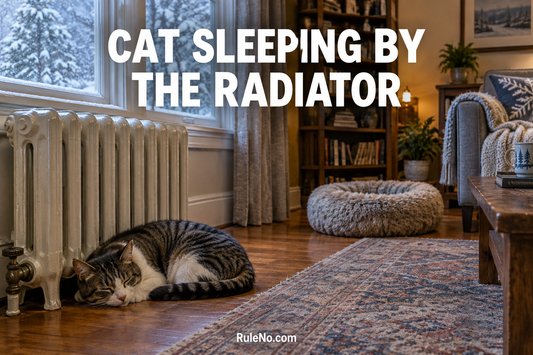 Cat sleeping near a radiator with a separate round faux fur bed in a winter room