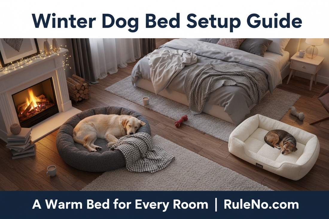 Warm home interior with plush pet beds placed in cozy corners, with the title Winter Dog Bed Setup Guide at the top and RuleNo.com at the bottom