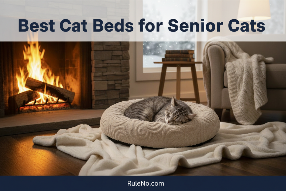 A senior gray tabby cat curled up asleep on a plush round donut pet bed beside a warm fireplace, with the article title and RuleNo.com branding