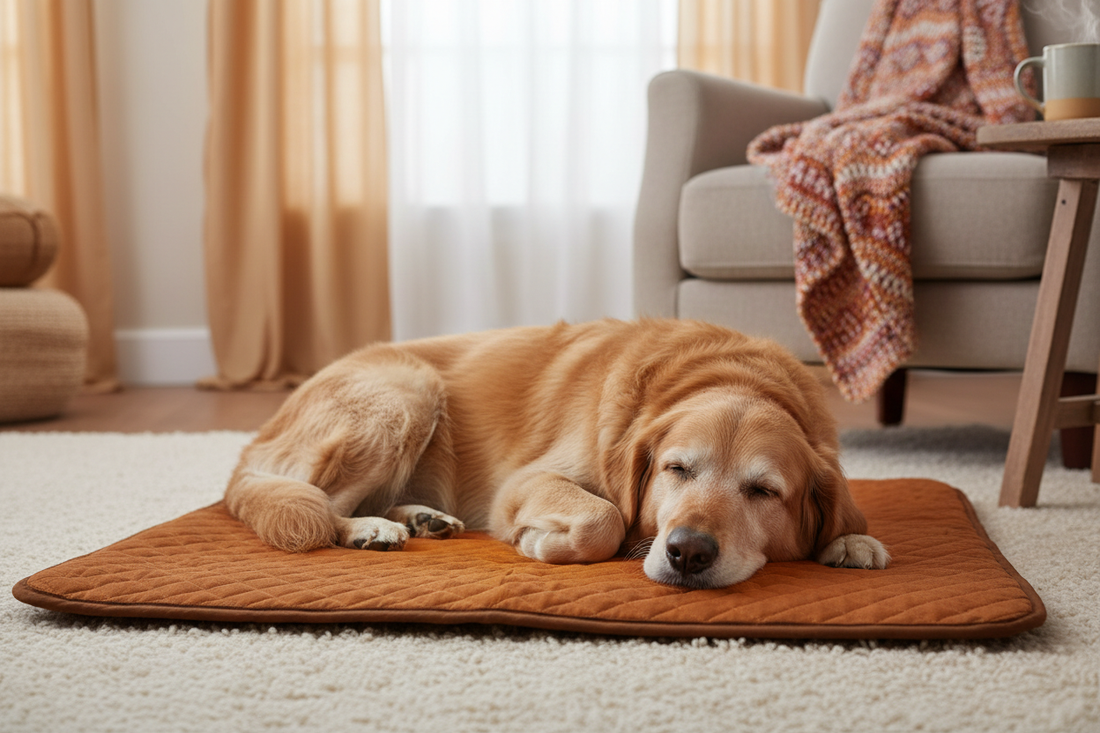 Senior dog resting on a non-electric thermal pad during winter