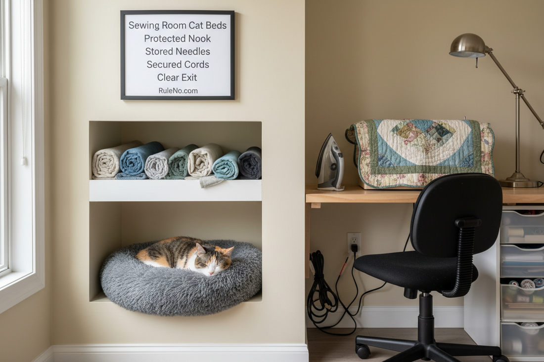 Sewing Room Cat Beds with Protected Nook, Stored Needles, Secured Cords, Clear Exit and RuleNo.com