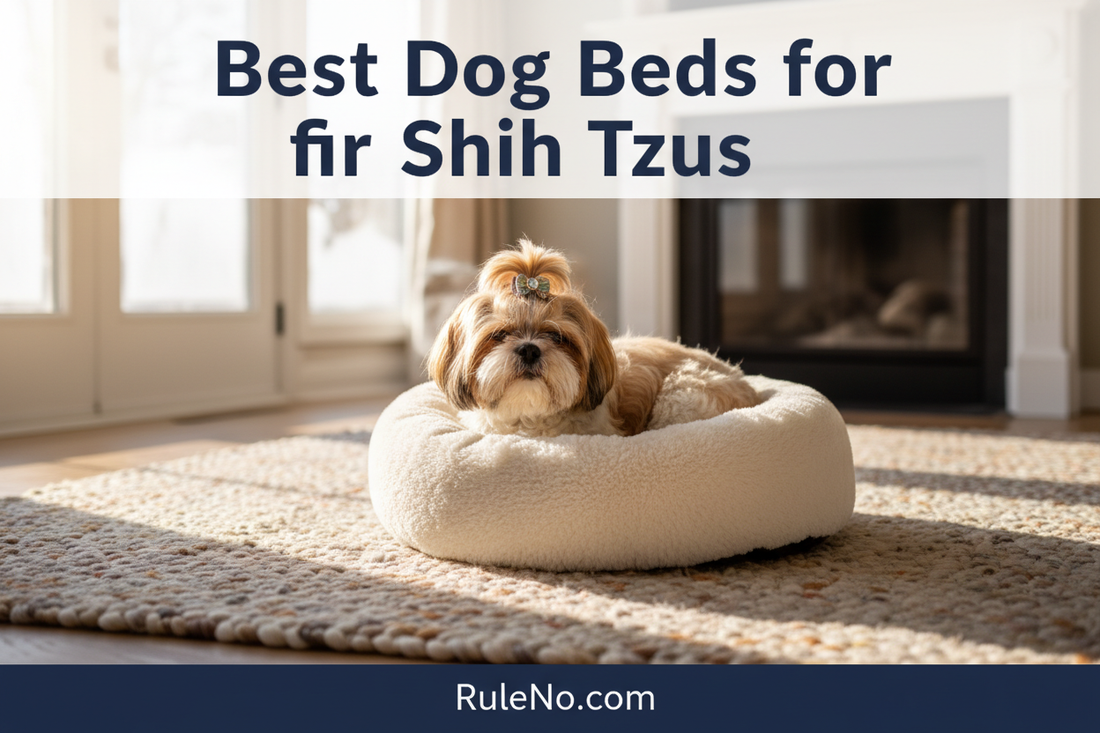 A Shih Tzu with a gold and white coat curled in a plush round donut dog bed, with the title Best Dog Beds for Shih Tzus at the top and RuleNo.com at the bottom