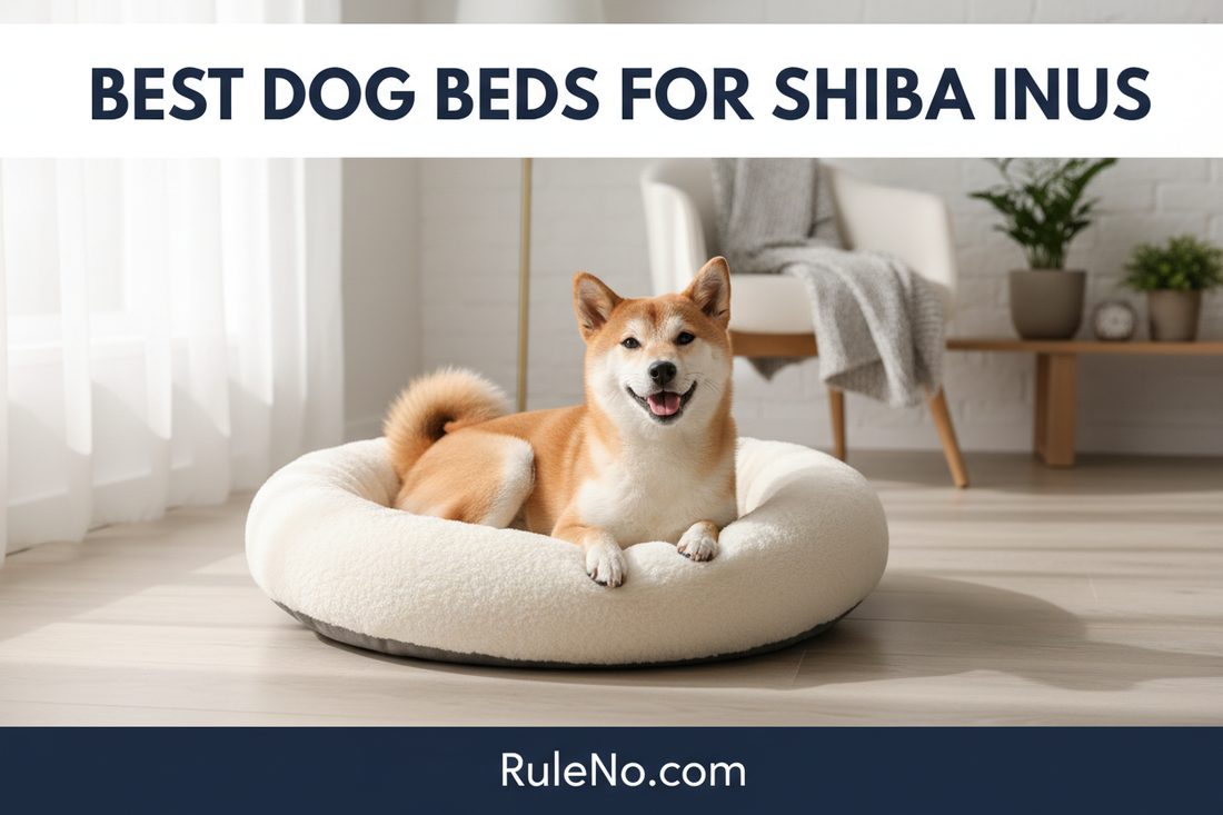 A happy Shiba Inu curled up in a plush cream round donut pet bed in a cozy winter living room, with the article title Best Dog Beds for Shiba Inus and a RuleNo.com banner