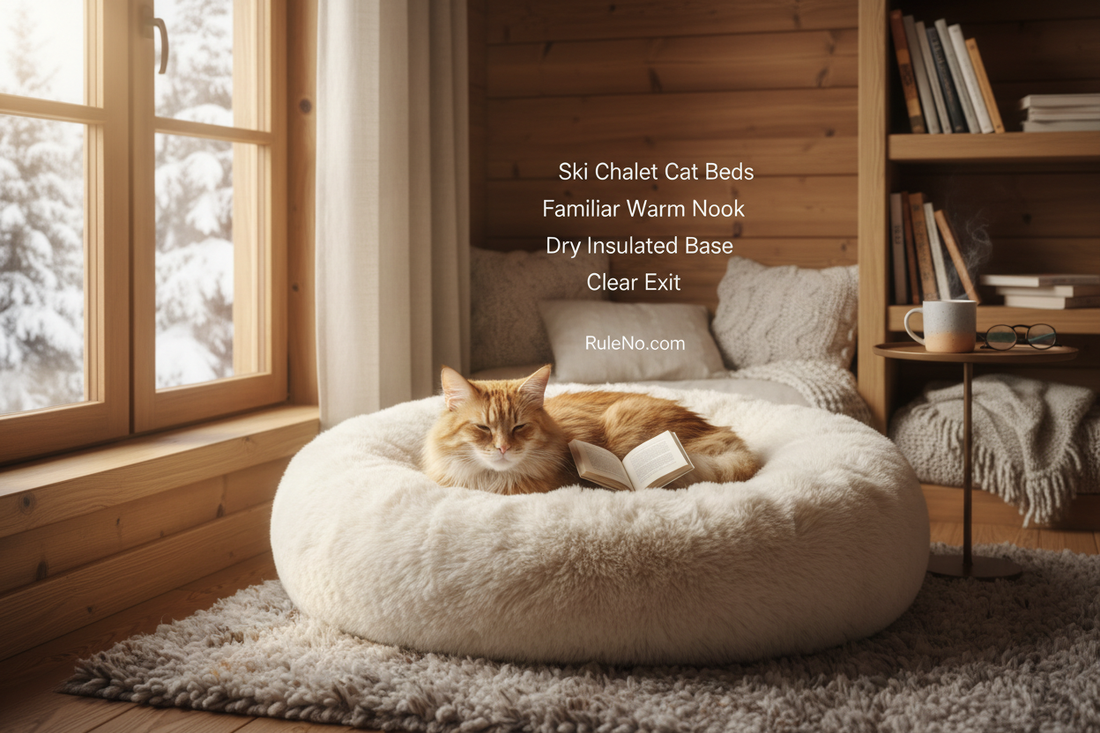 Ski Chalet Cat Beds with Familiar Warm Nook, Dry Insulated Base, Clear Exit and RuleNo.com