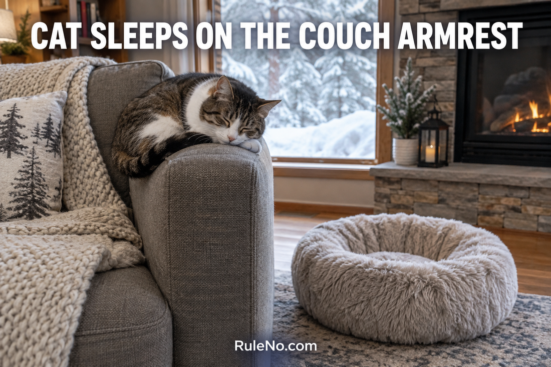 Cat asleep on couch armrest by round faux fur bed; text reads Cat Sleeps on the Couch Armrest and RuleNo.com