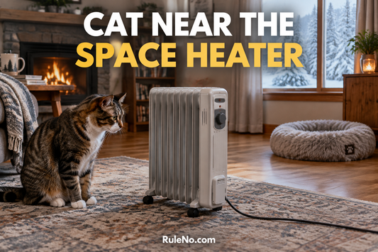 Cat near a portable space heater with a separate round faux fur bed in a winter living room