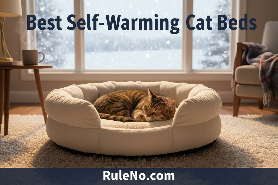 A tabby cat curled asleep in a plush self-warming round pet bed with raised walls by a snowy window, with the title Best Self-Warming Cat Beds and RuleNo.com branding