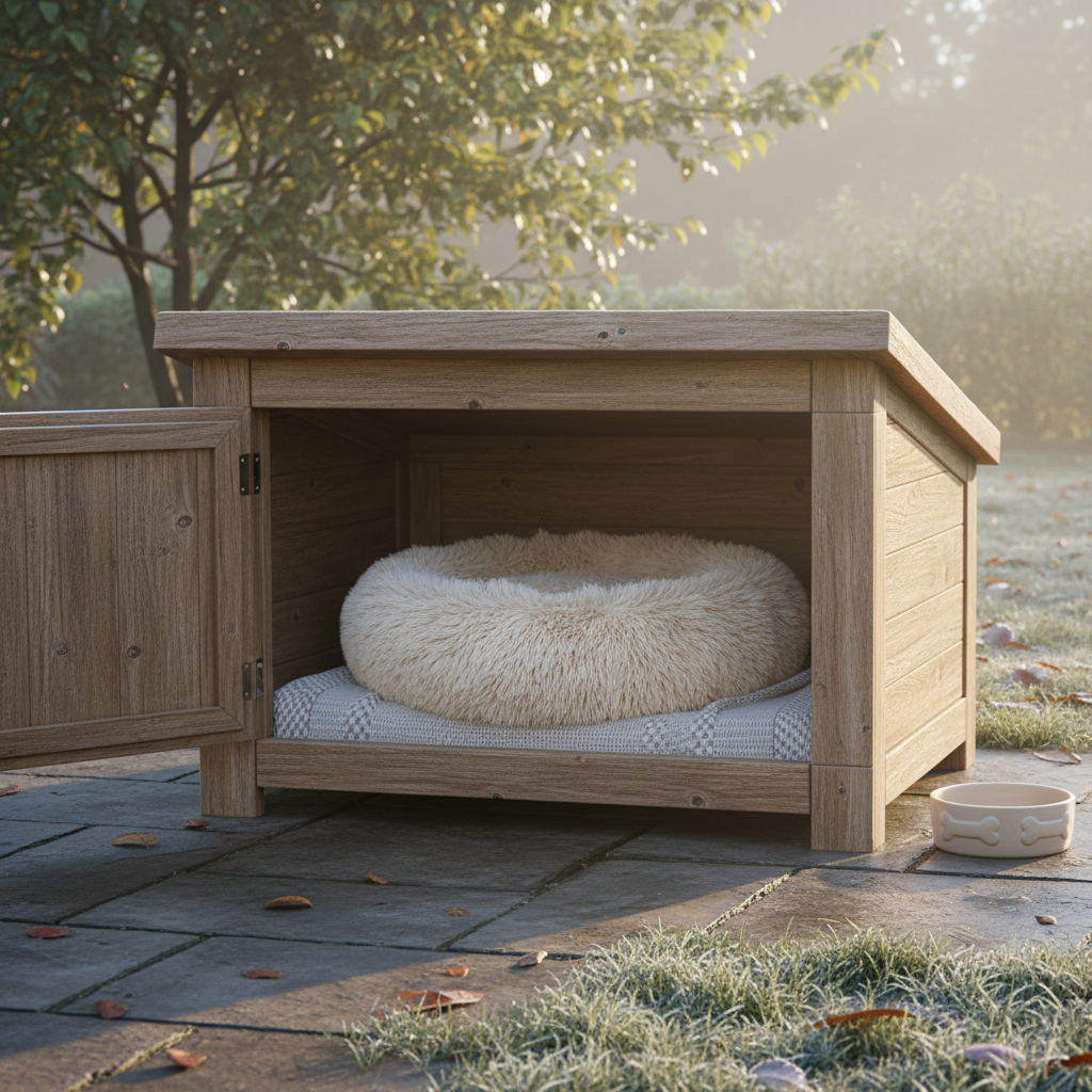 Cream round faux fur dog bed inside a cozy outdoor dog house