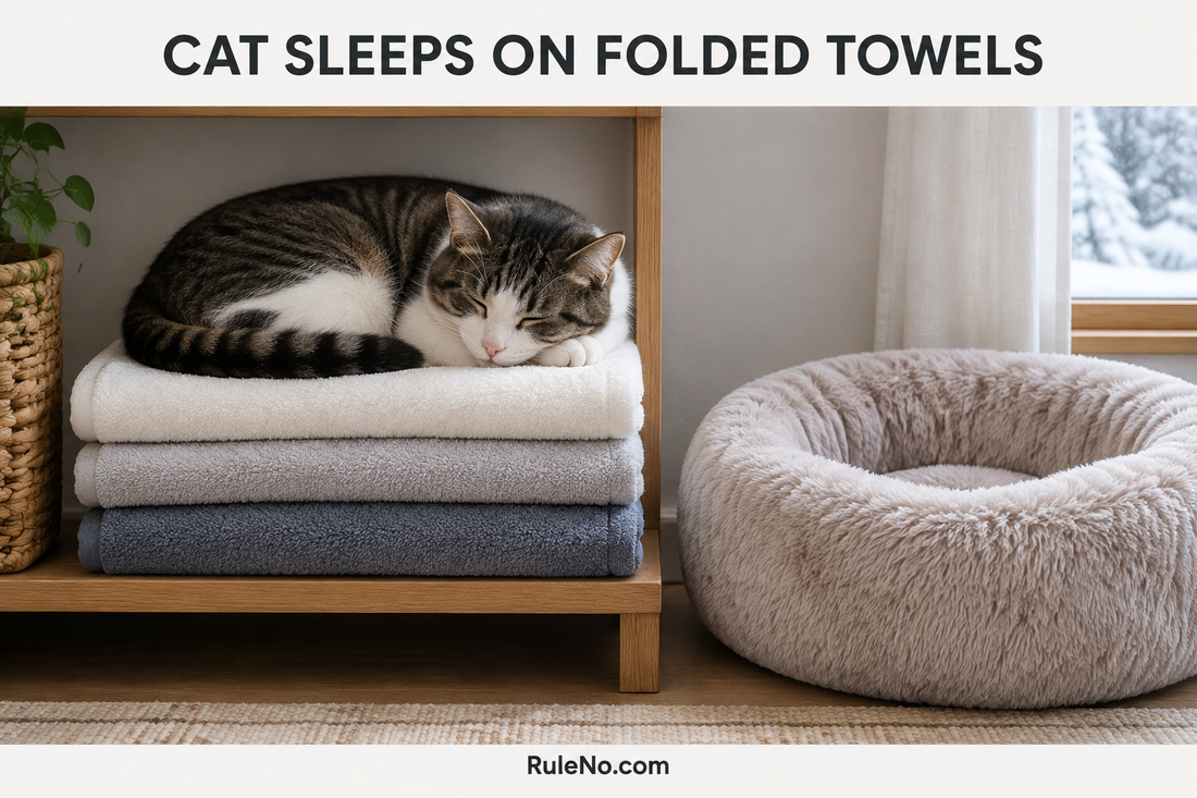 Cat asleep on folded dry towels next to round faux fur bed with RuleNo.com branding