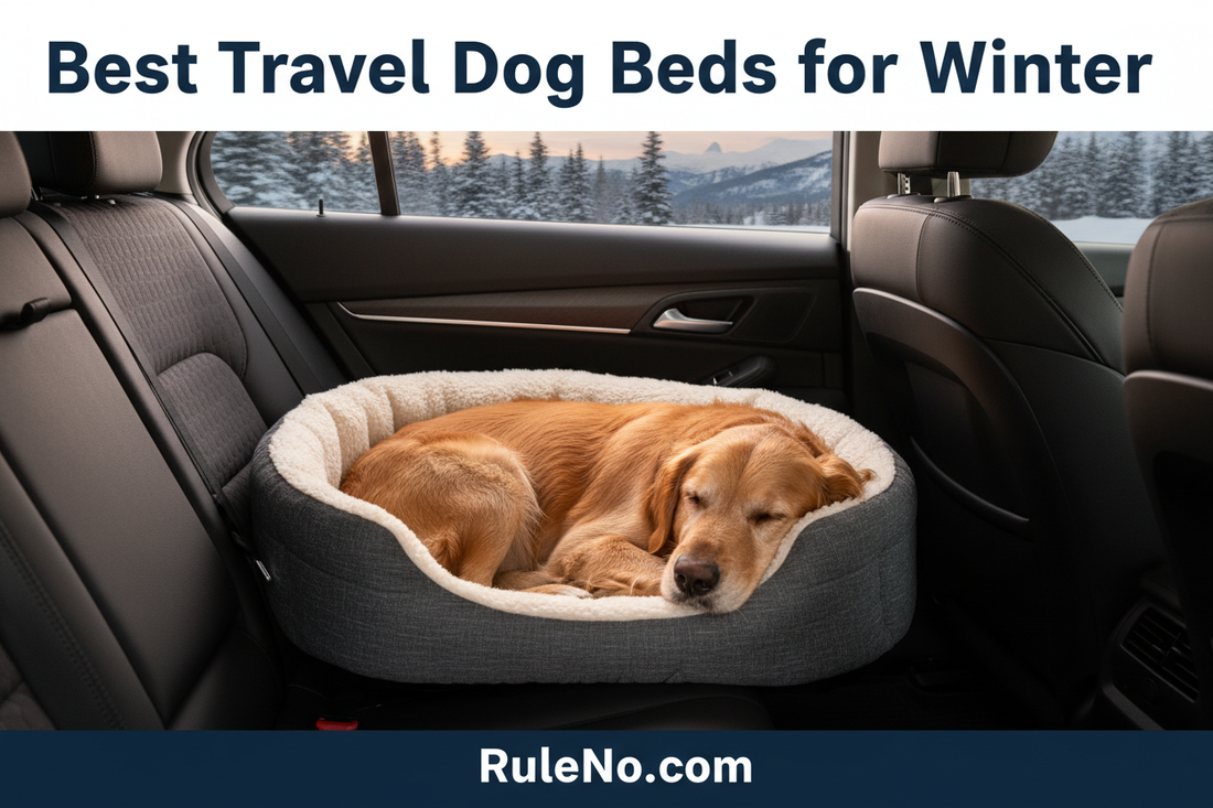 Happy dog curled up asleep in a portable travel pet bed in the back seat of a car with winter scenery, with the title Best Travel Dog Beds for Winter at the top and RuleNo.com at the bottom