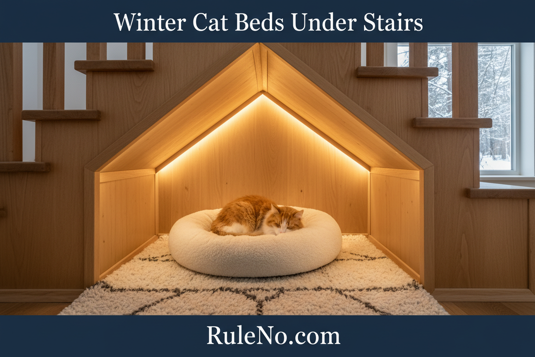 Winter Cat Beds Under Stairs with RuleNo.com footer