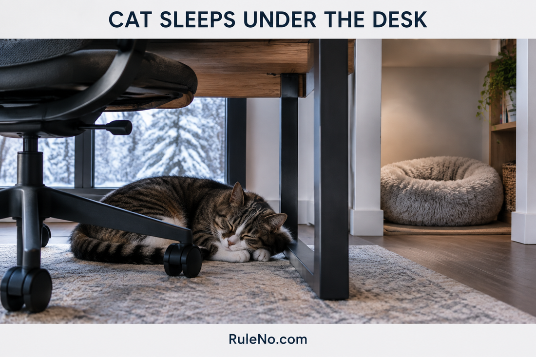 Cat asleep under a desk near an office chair with separate round faux fur bed and RuleNo.com branding