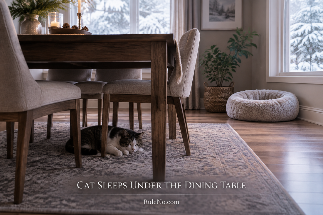 Cat asleep beneath a dining table with separate round faux fur bed nearby and RuleNo.com branding