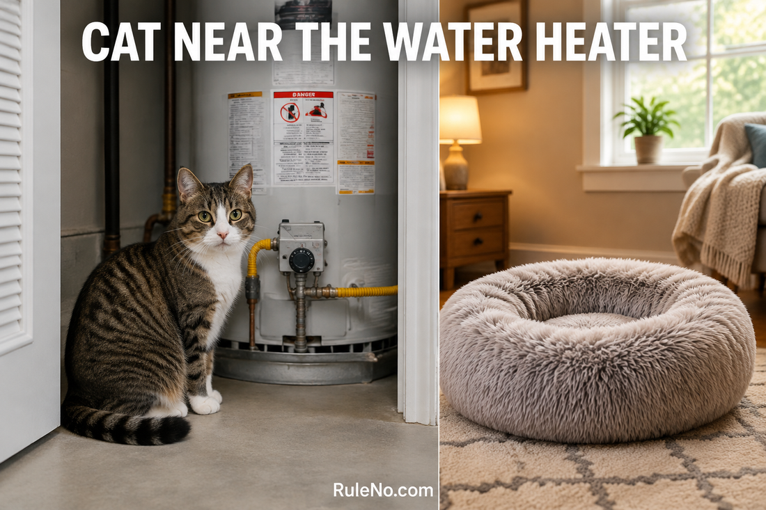 Cat near a water heater beside a separate round faux fur bed in a safe room, with RuleNo.com branding