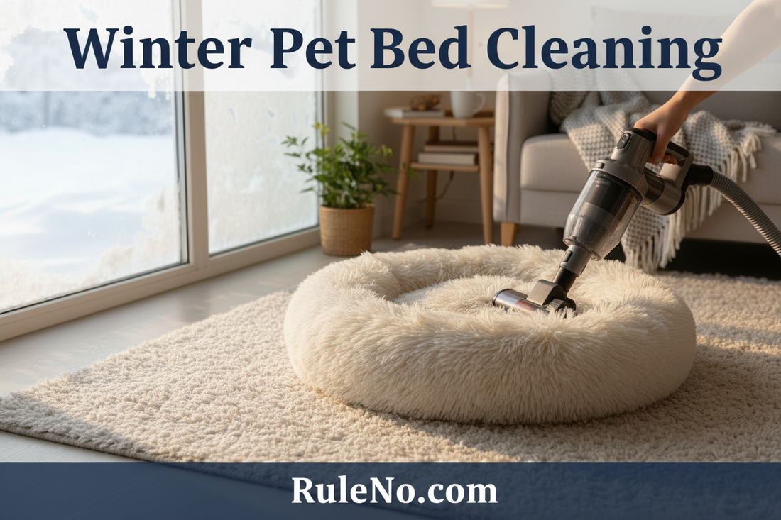 A person vacuuming a fluffy round faux fur pet bed in a bright winter living room, with the title Winter Pet Bed Cleaning and RuleNo.com branding