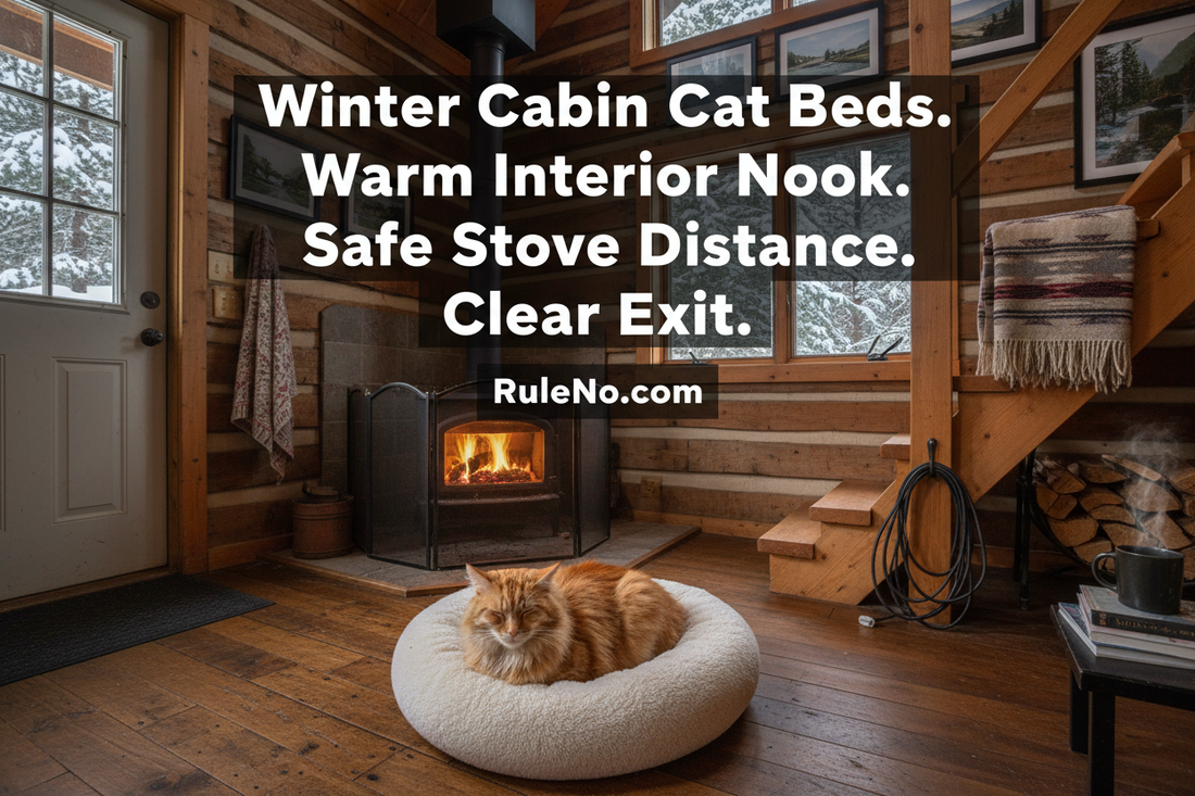 Winter Cabin Cat Beds with Warm Interior Nook, Safe Stove Distance, Clear Exit and RuleNo.com