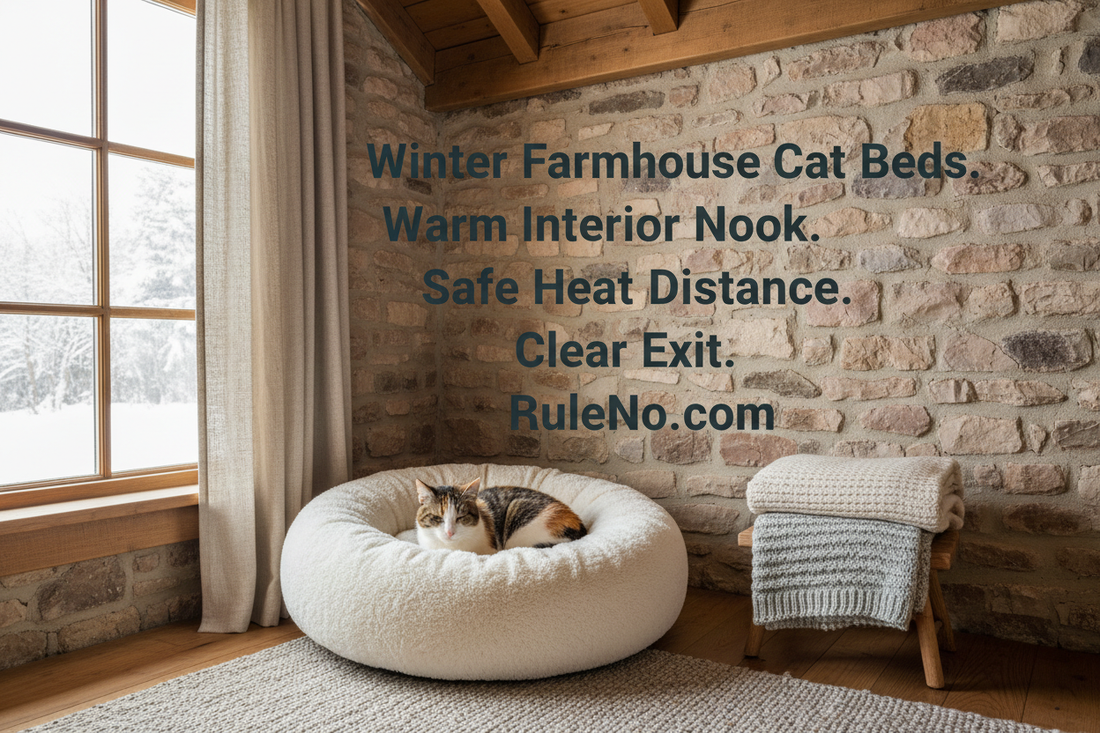 Winter Farmhouse Cat Beds with Warm Interior Nook, Safe Heat Distance, Clear Exit and RuleNo.com