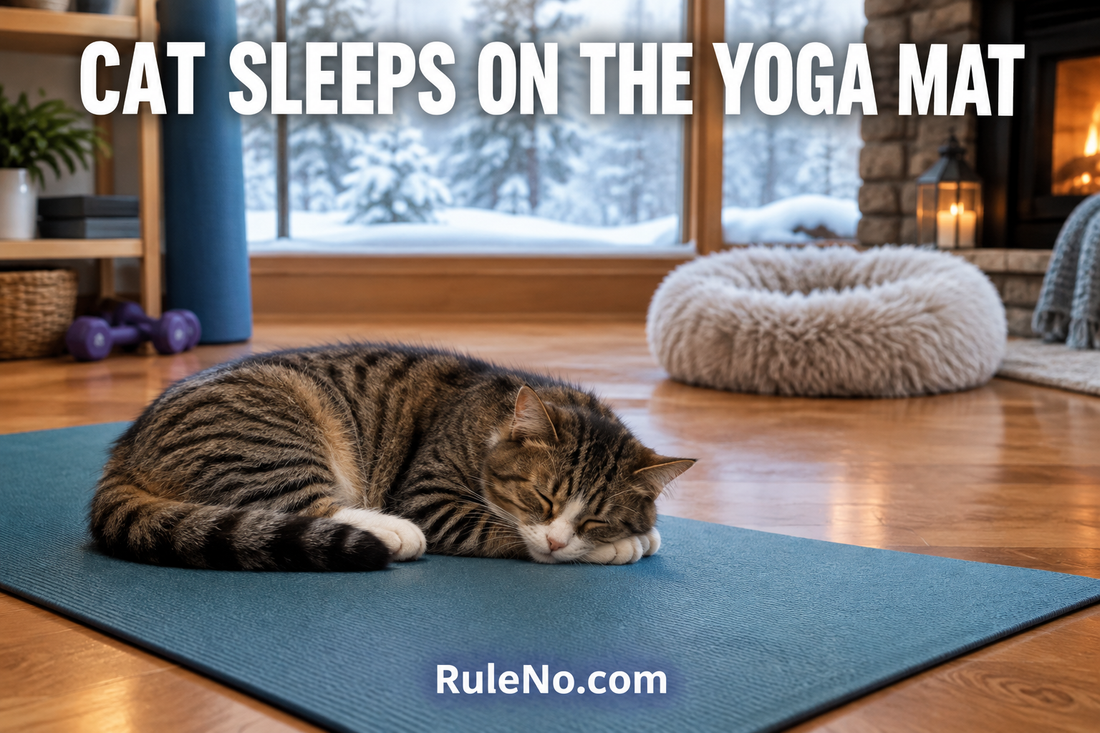 Cat on a yoga mat beside a round faux fur bed; featured image text reads Cat Sleeps on the Yoga Mat and RuleNo.com