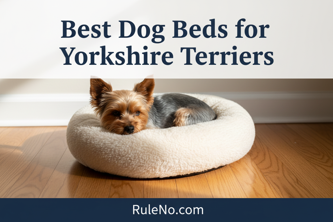 A Yorkshire Terrier curled in a plush cream round donut dog bed, with the title Best Dog Beds for Yorkshire Terriers at the top and RuleNo.com at the bottom