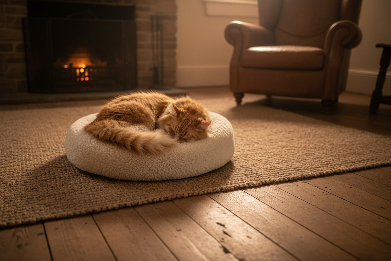 Cat relaxing in a round donut bed with raised edges